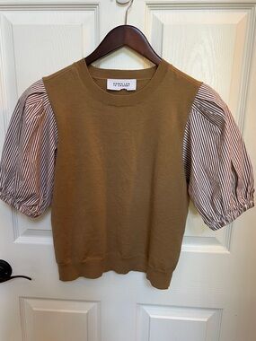 Derek Lam 10 Crosby Camel Knit Crewneck Sweater with striped puffy sleeves Sz S